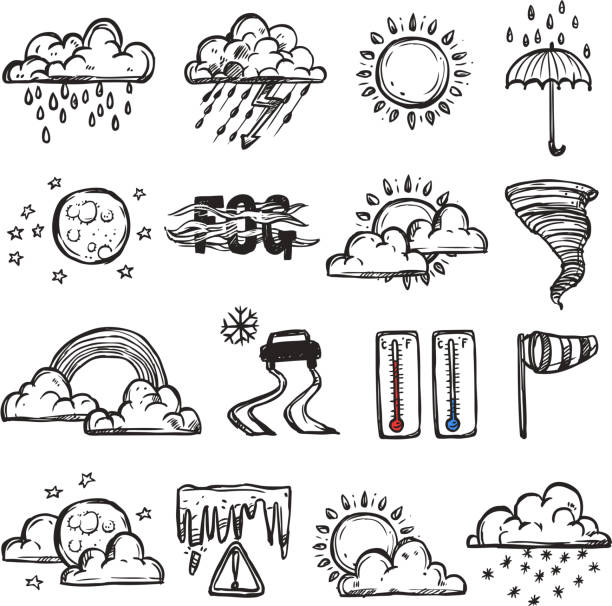 ilustrações, clipart, desenhos animados e ícones de conjunto meteorológico rabisco - cloud drawing heat cold