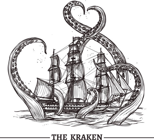 корабль и осьминог - kraken stock illustrations