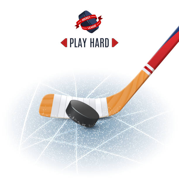 hockey stick and puck Ice hockey sport poster with wooden stick and puck realistic vector illustration hockey stock illustrations