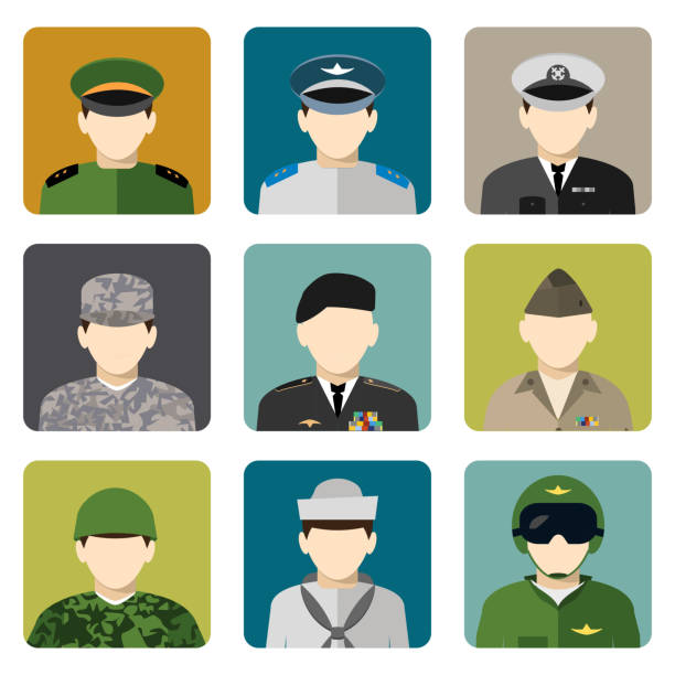 illustrazioni stock, clip art, cartoni animati e icone di tendenza di icone avatar militari - uniforme militare