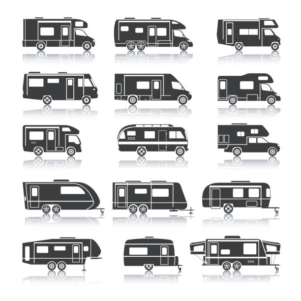 ilustraciones, imágenes clip art, dibujos animados e iconos de stock de vehículo recreativo iconos negros - caravana tráiler de vehículos