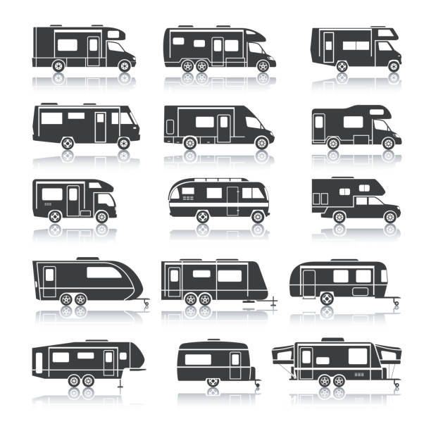 illustrations, cliparts, dessins animés et icônes de icônes noires de véhicule récréatif - camping car