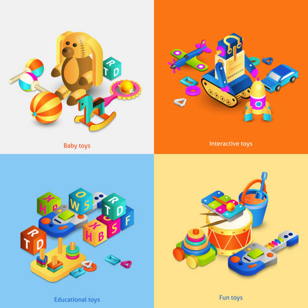illustrations, cliparts, dessins animés et icônes de jouets isométriques 2x2 - bébé cubes