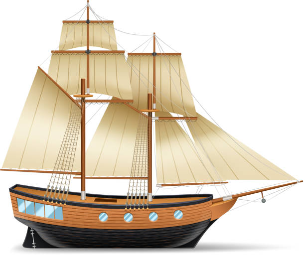sailing ship Wooden sailing ship with two masts square and gaff sails realistic vector illustration gaff rigged stock illustrations