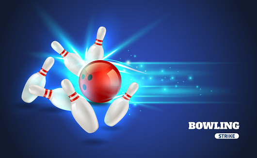 Bowling strike with ball and bowling pins on blue background realistic vector illustration