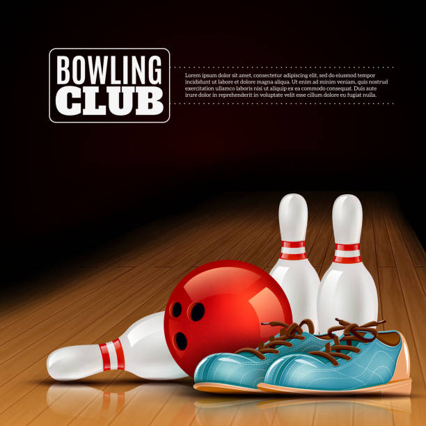 bowling Indoor bowls club poster for members and visitors with shoes ball and pins realistic colorful vector illustration sports league stock illustrations