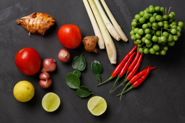 istock Thai kitchen. Various herbs, spices  and Ingredients on dark background. Top view with copy space 1201107440