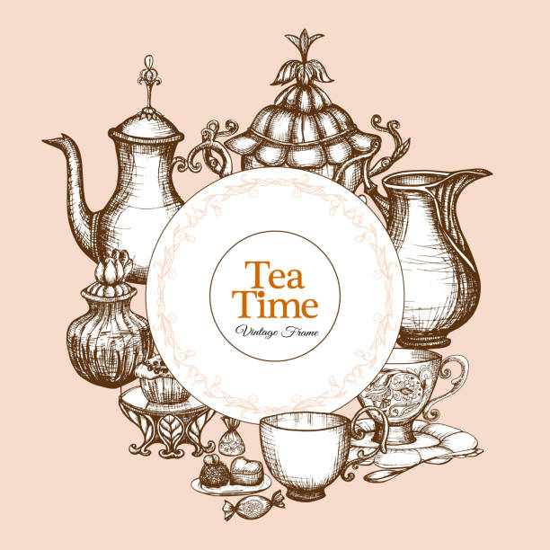 винтажная чайная рама - afternoon tea china antique cup stock illustrations