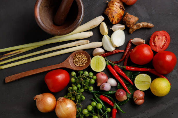 istock Thai kitchen. Various herbs, spices  and Ingredients on dark background. Top view with copy space 1201107640