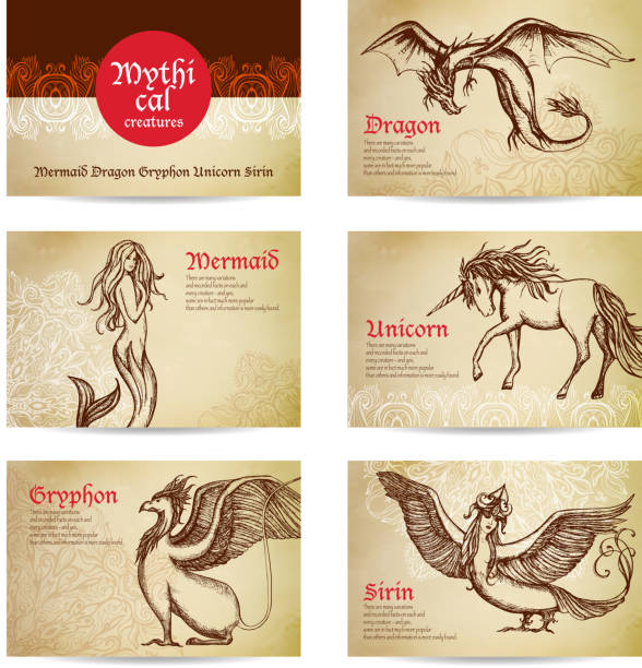 ilustraciones, imágenes clip art, dibujos animados e iconos de stock de criaturas míticas banderas - mala de la sirenita