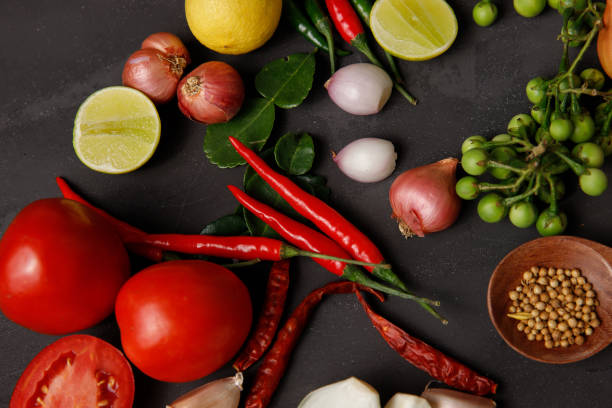 istock Thai kitchen. Various herbs, spices  and Ingredients on dark background. Top view with copy space 1201107660