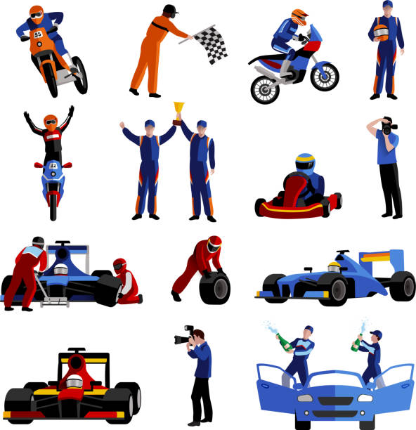 racer icons Race and rally icons set with moto auto rally and victory symbols flat isolated vector illustration pitstop stock illustrations