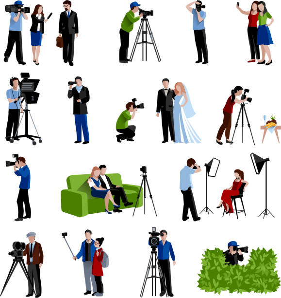 photographer videographer icons Photographer and videographer icons set with cameras light and selfie flat isolated vector illustration paparazzi photographer illustrations stock illustrations