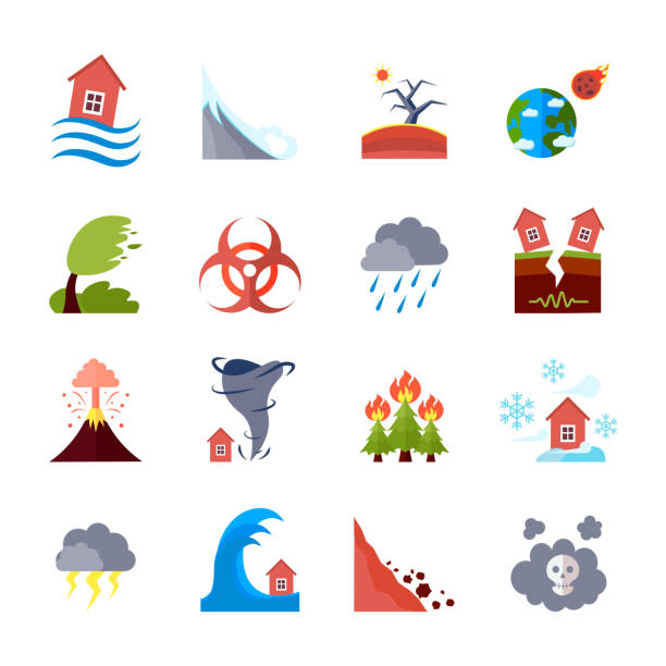 illustrazioni stock, clip art, cartoni animati e icone di tendenza di icone disastro naturale piatto - natural disaster weather symbol volcano