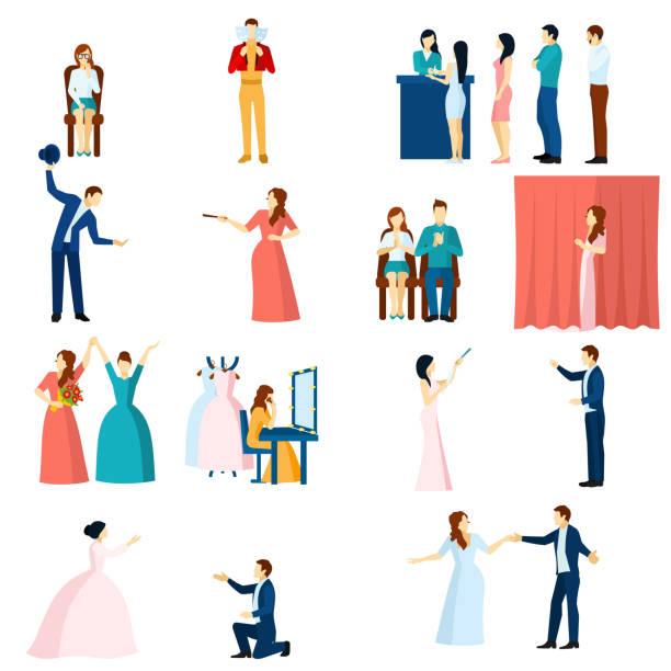 ilustraciones, imágenes clip art, dibujos animados e iconos de stock de gente de teatro plana - curtain stage theater stage red