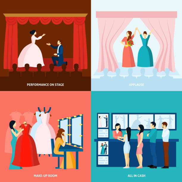 ilustraciones, imágenes clip art, dibujos animados e iconos de stock de gente de teatro plano - curtain red stage theater stage