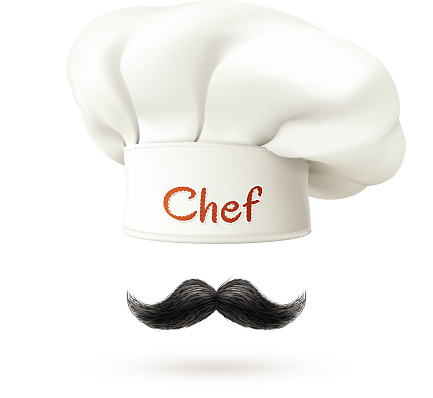 Chef realistic concept with white hat and mustache isolated vector illustration