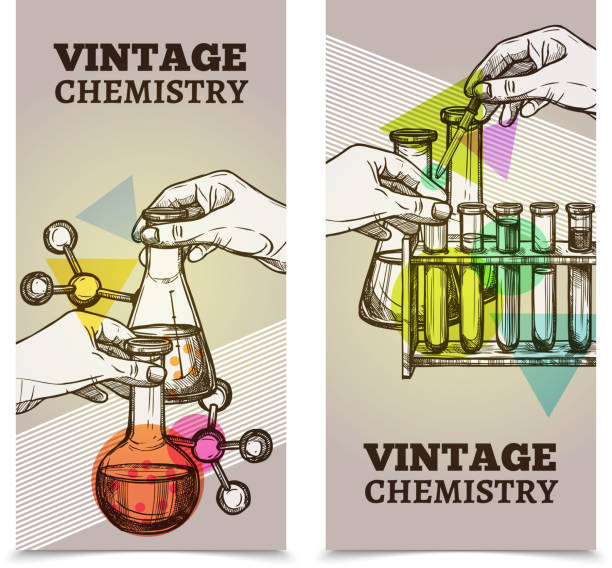 ilustraciones, imágenes clip art, dibujos animados e iconos de stock de banners vintage de química de laboratorio - test tube glass reagent red