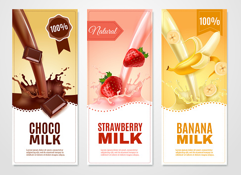 Sweet milk vertical realistic banners set with banana choco and strawberry milk isolated vector illustration
