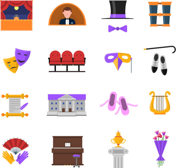 theatre flat Theatre icons set with stage and performance symbols flat isolated vector illustration tragicomedy stock illustrations