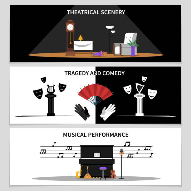 theatre banner Theatre horizontal banners set with theatrical scenery and musical performance symbols flat isolated vector illustration tragicomedy stock illustrations