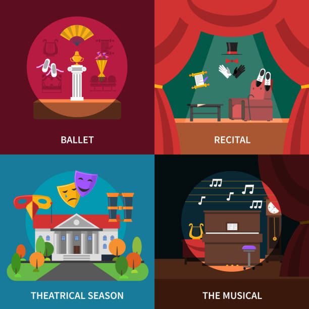 theatre concept Theatre concept icons set with ballet recital and musical symbols flat isolated vector illustration tragicomedy stock illustrations