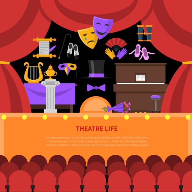 theatre concept 2 Theatre life concept with seats stage and red curtain flat vector illustration tragicomedy stock illustrations