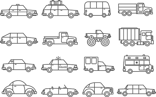 Cars line black white icons set with family and service cars flat isolated vector illustration