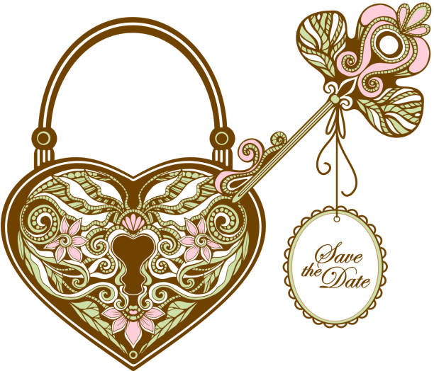 vintage key and lock Vintage key and heart shape ornamental lock hand drawn vector illustration skeleton key tattoo stock illustrations