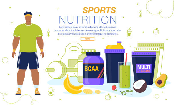 Sport Nutrition and Vitamins Advertising Banner Sport Nutrition and Multi Vitamins Complex Supplements. Man Athlete and Energy Drinks in Liquid, Powder, Shaker with Protein Cocktail, Fruits Smoothies. Advertising Banner Mockup. Delivery Order protein powder bottle stock illustrations