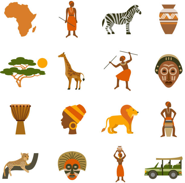 ilustrações, clipart, desenhos animados e ícones de ícones da áfrica plana - dramatic make up