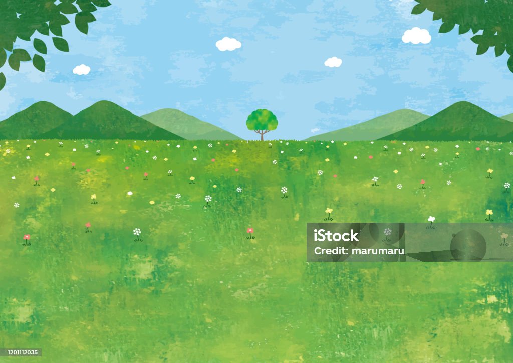 草原と大きな木 - 水彩画のロイヤリティフリーベクトルアート