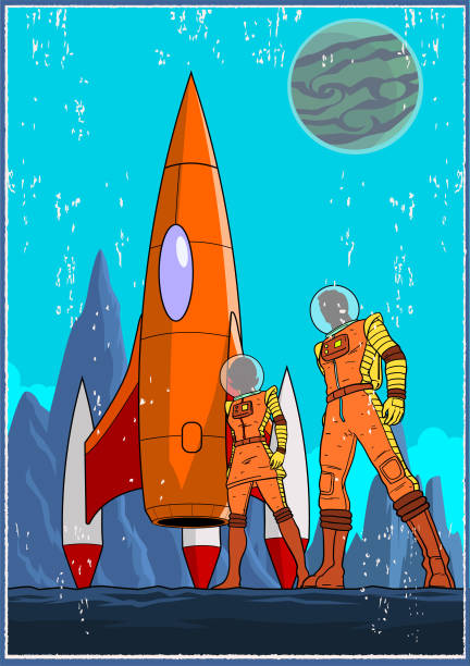 A retro vintage style vector poster illustration of a couple of astronaut on an alien planet with retro rocket shuttle in the background. Other planet visible in the background. Grunge effect on separate layer.