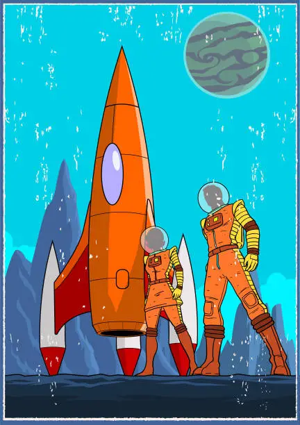 Vector illustration of Vector Retro Vintage Astronaut Couple and Space Ship Stock Illustration