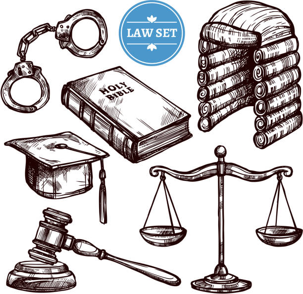 hand drawn law set Hand drawn law symbols set with Holy Bible scales handcuffs and elements of judges clothing  isolated vector illustration lawyer drawings stock illustrations