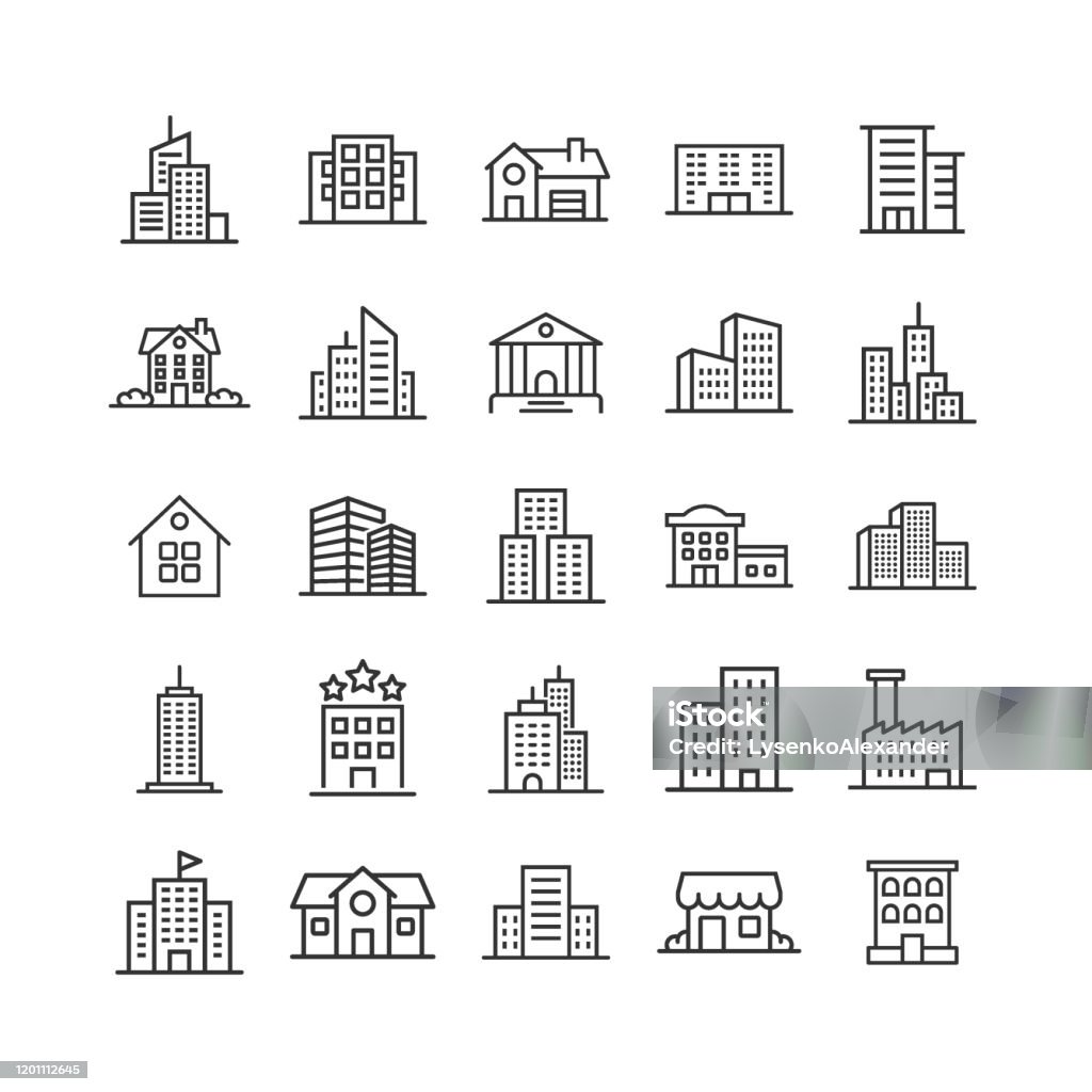 평면 스타일로 설정된 건물 아이콘입니다. 흰색 고립 된 배경에 마을 마천루 아파트 벡터 그림입니다. 도시 타워 비즈니스 개념입니다. - 로열티 프리 아이콘 벡터 아트