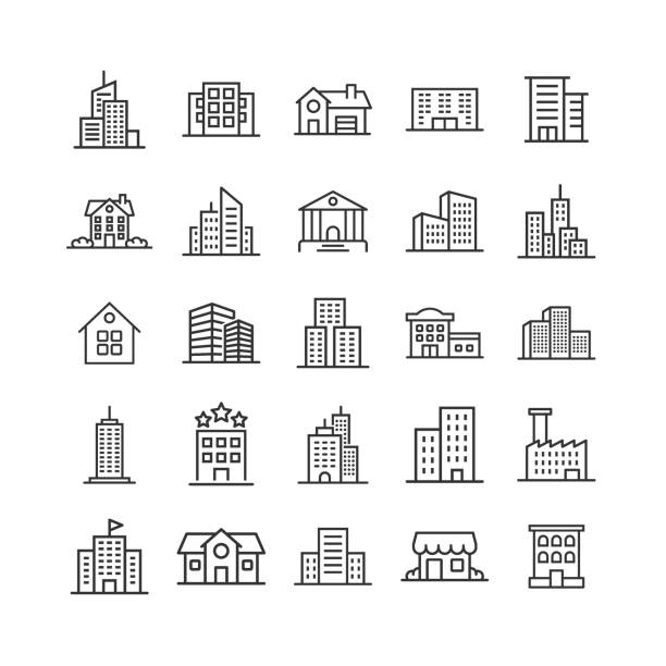 평면 스타일로 설정된 건물 아이콘입니다. 흰색 고립 된 배경에 마을 마천루 아파트 벡터 그림입니다. 도시 타워 비즈니스 개념입니다. - 공장 산업 건물 일러스트 stock illustrations