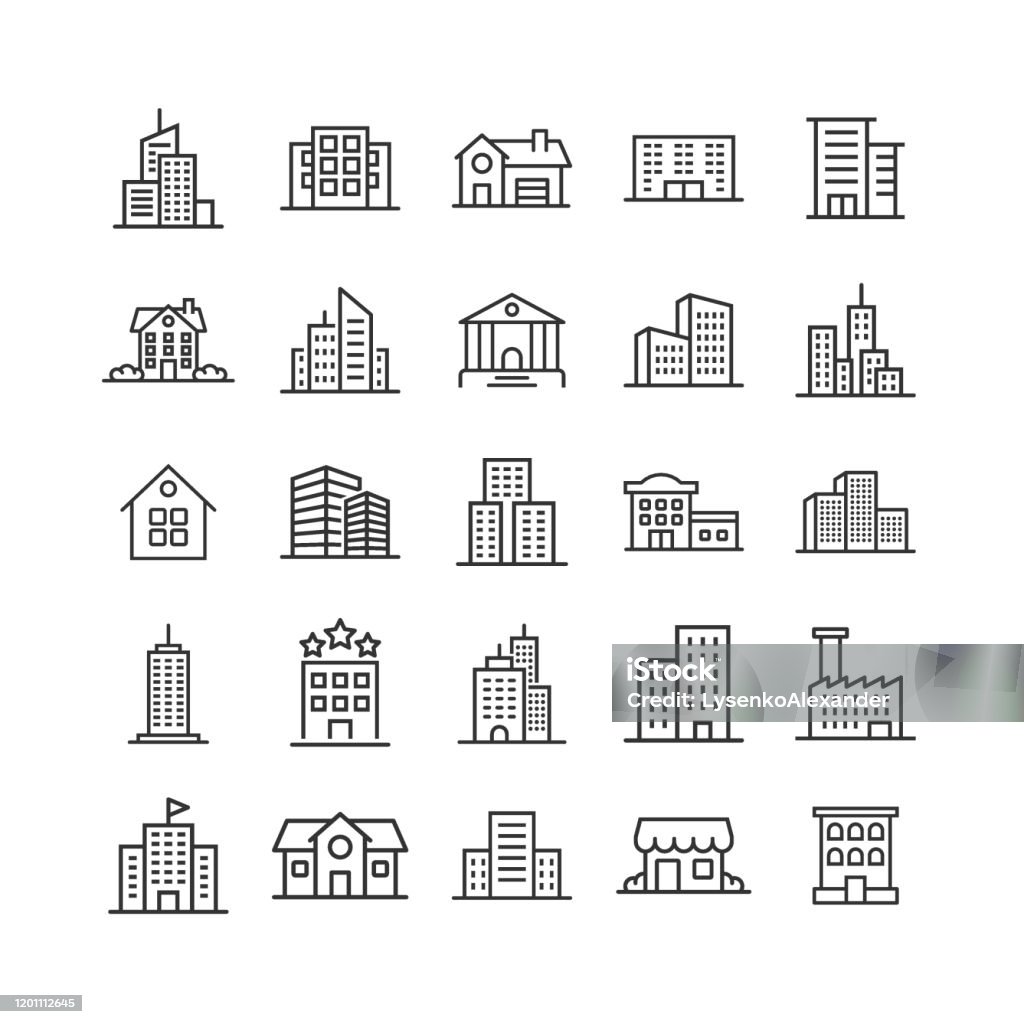Building icon set in flat style. Town skyscraper apartment vector illustration on white isolated background. City tower business concept. Icon Symbol stock vector Building icon set in flat style. Town skyscraper apartment vector illustration on white isolated background. City tower business concept. Icon Symbol stock vector