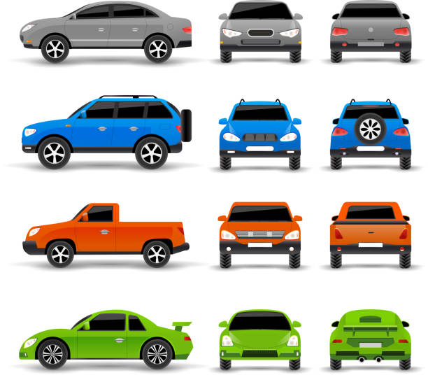 cars side front back icons Cars side front and back icons set isolated vector illustration front view stock illustrations
