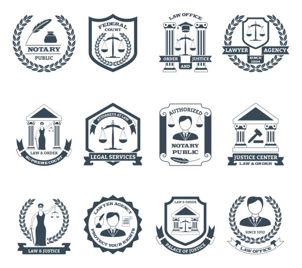 lawyer logo black set Lawyer black white logo set with notary public and law office symbols flat isolated vector illustration republic logo pic stock illustrations