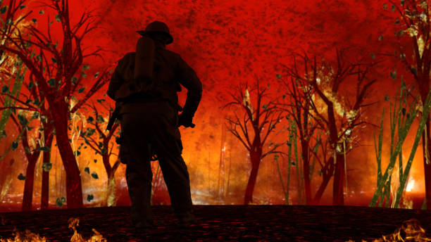 istock Fireman alone in the middle of the forest and big flames. 3d renderig 1201112803