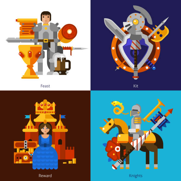 knight 2x2 Small flat 2x2 banners with feast reward knights and kit of medieval weapons vector illustration banquet chairs stock illustrations