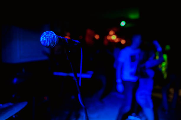 istock Public performance on stage Microphone on stage against a background of auditorium. Shallow depth of field. Public performance on stage. 1201112907
