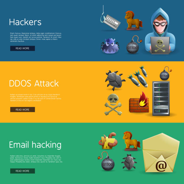 hacker cyber crime banners Horizontal  banners with icons of hacker activity and DDOS attacks  on computer systems  and e-mail hacking vector illustration agent nasty stock illustrations