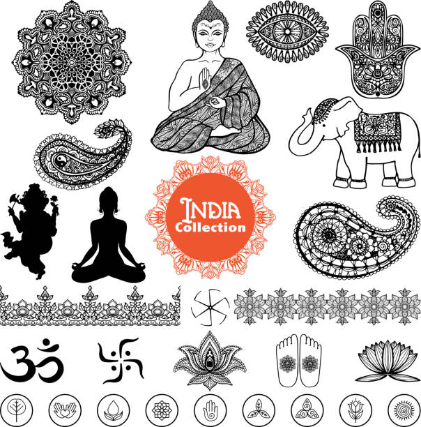 india design elements set Hand drawn india design elements set  with woman in lotus position elephant  tracery pattern and ornament  vector illustration lotus flower drawing stock illustrations