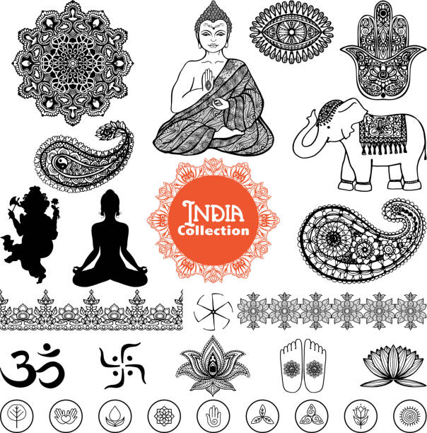 india design elements set Hand drawn india design elements set with woman in lotus position elephant tracery pattern and ornament vector illustration sketches of elephants background stock illustrations