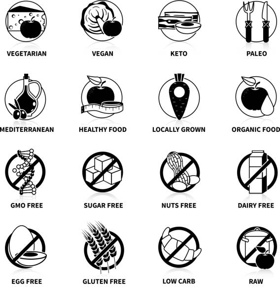 diets icons black Black diets pictogram set  with comments   isolated vector illustration paleo stock illustrations