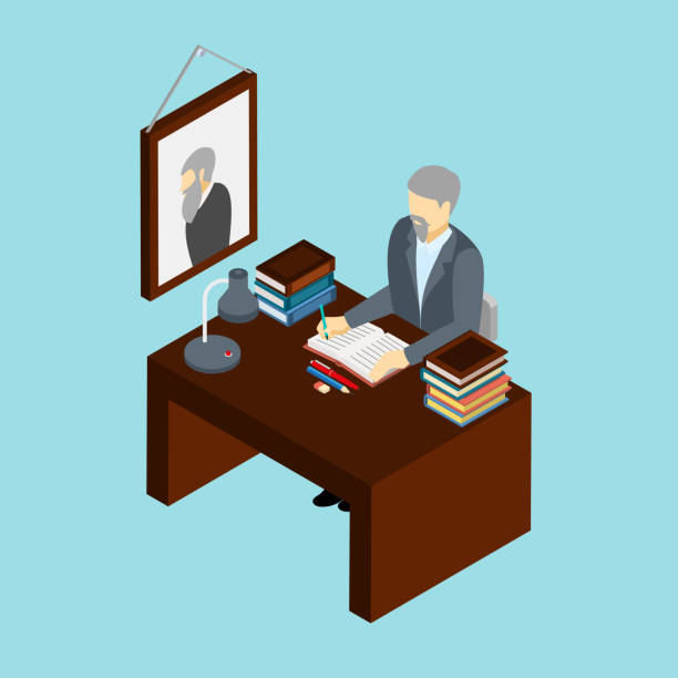 historian isometric profession Professional historian at work in his office concept isometric banner with scientific research attributes abstract vector illustration book dedication stock illustrations