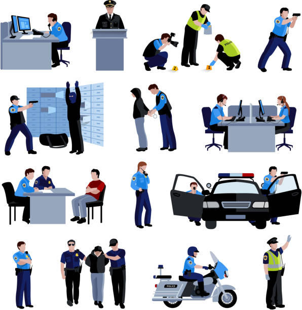 policeman people icons Policeman people at office and outside with police car and situation arrest of offender and interrogation flat color icons set isolated vector illustration police interview stock illustrations