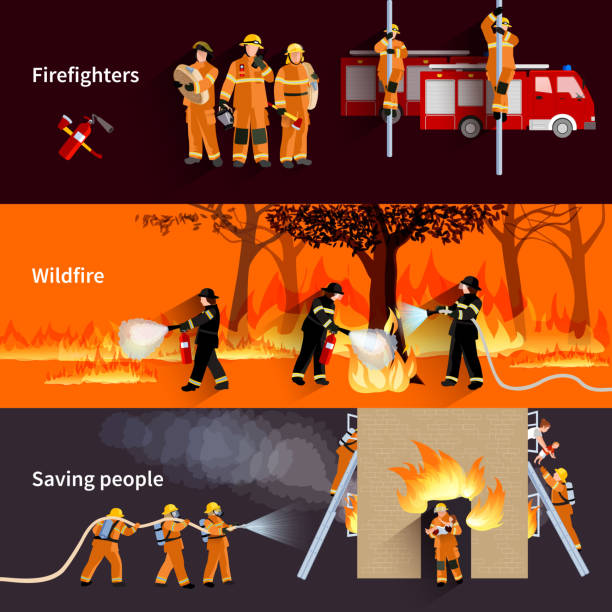 firefighter people banners horizontal Firefighter people banners with firefighters alerting wildfire and brigade extinguishing flames in residential house flat vector illustration firefighter stock illustrations